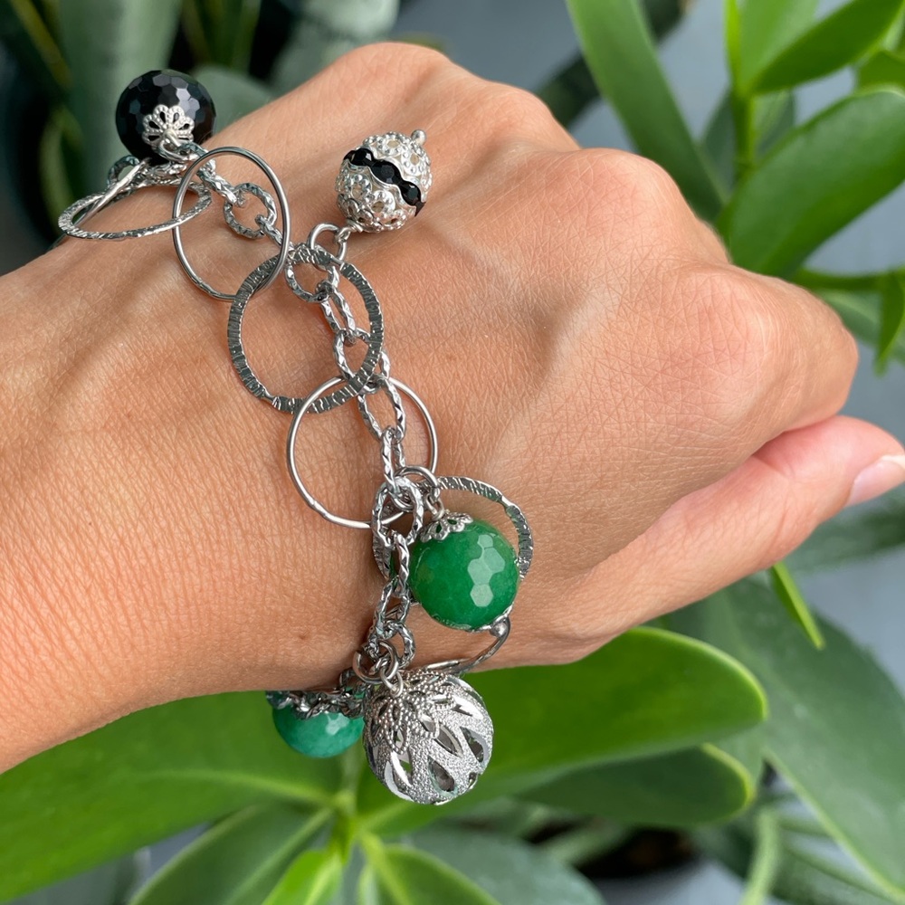 Elegant Silver and Green Charm Bracelet